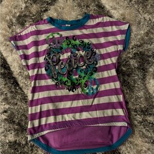 Purple and white striped peace sign shirt